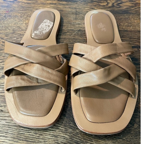 Shoes - Womens Tan Leather Interwoven Strap Slide Sandals Square‎ Toe Comfort Size 9